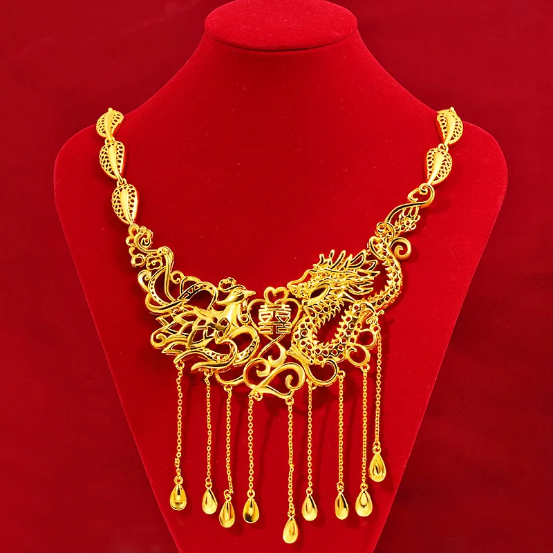 Luxury 24k Yellow Gold Vintage Bride Necklace for Women Chinese Style Dragon Phoenix Gold Pendant Necklace Chain Wedding Jewelry