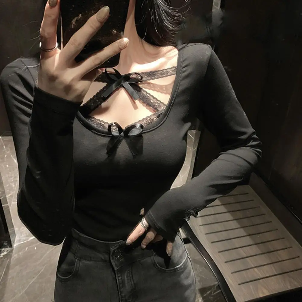 

Spring Summer Tops Sexy Bow Ribbon Long Sleeve Top Slim T Shirt Bottoming Women's O Neck Lace Cross Color Retro Korea E3PA