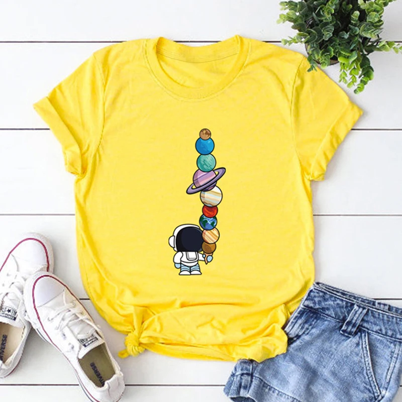 

Summer Women Cotton T Shirt Cute Planet Astronaut Print Funny Tshirts Female O Neck Short Sleeve Casual Graphic Tee TopsClothing