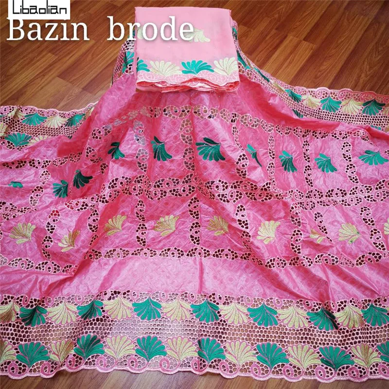 

African bazin riche fabric yellow color 2pcs Latest fashion embroidery bazin brode lace fabric with net lace 5+2yards L26-19