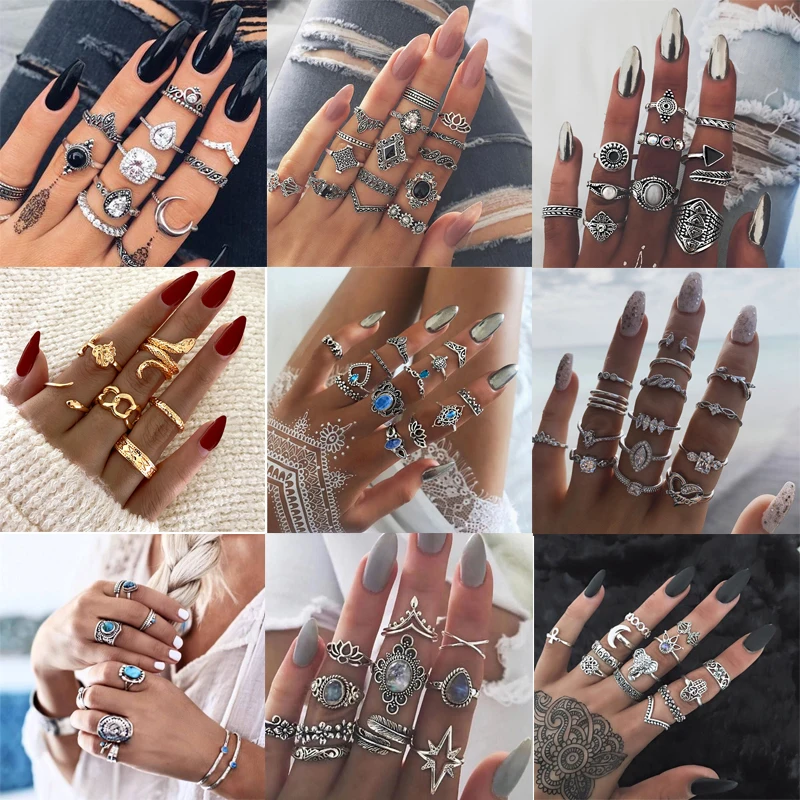 

Boho Finger Rings Set for Women Punk Elephant Flower Crystal Silver Color Hollow Out Knuckle Rings Bohemian Jewelry Accessories