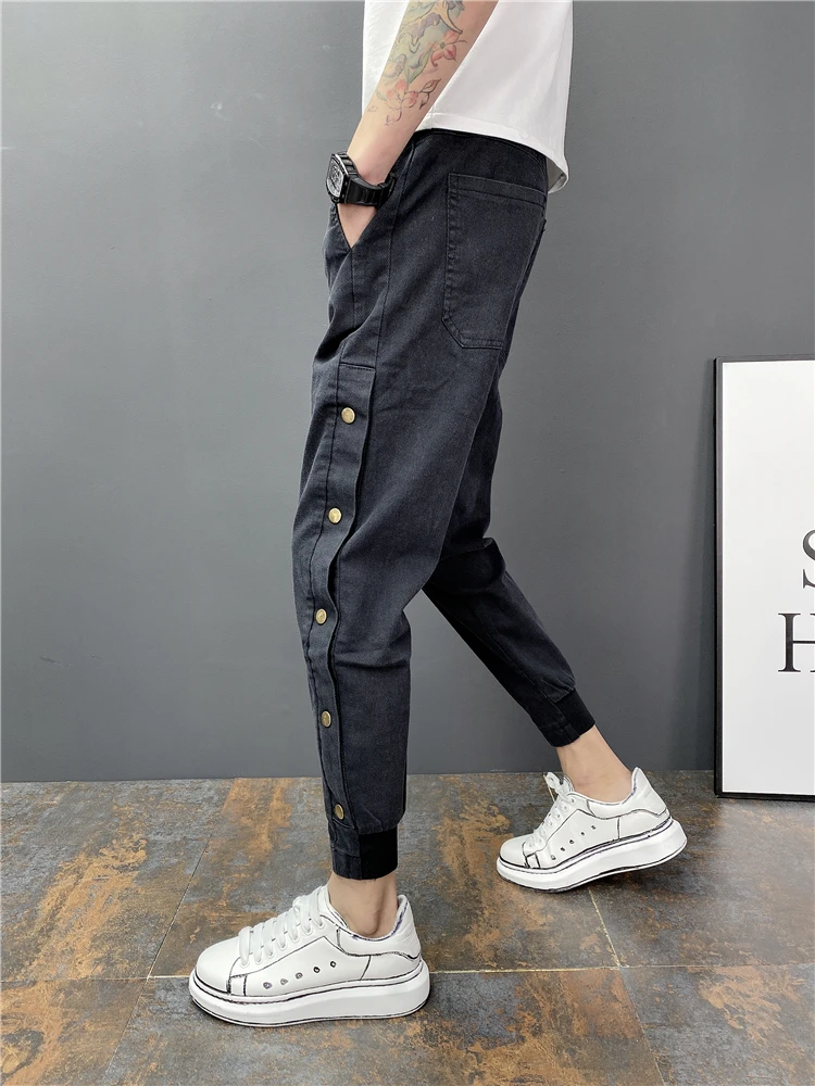 

Fashion 2021 student hip hop street Casual Mental guy black jeans men's summer new Korean slim harem leg pants