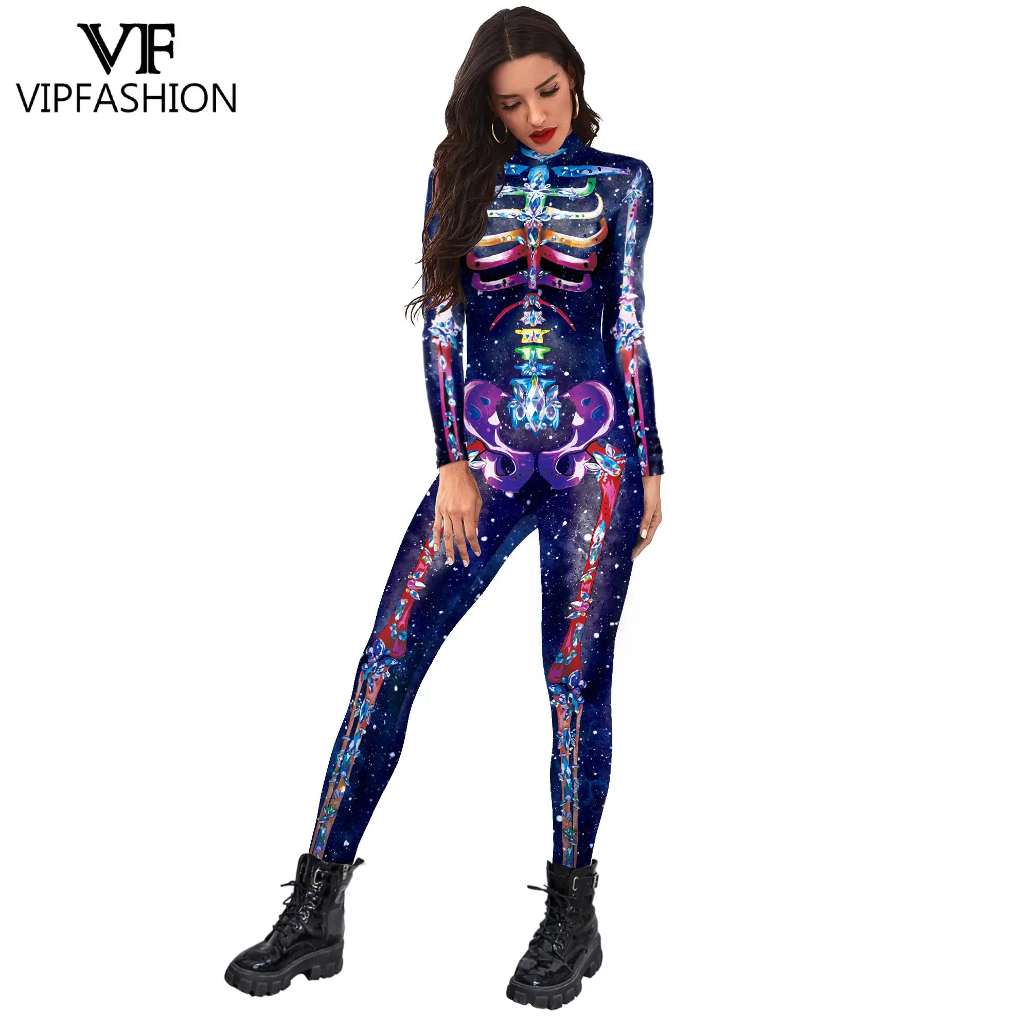 

VIP FASHION Adult Women Halloween Costume Skeleton 3D Printed Skinny Jumpsuit Performance Clothes Cosplay Costume For Women