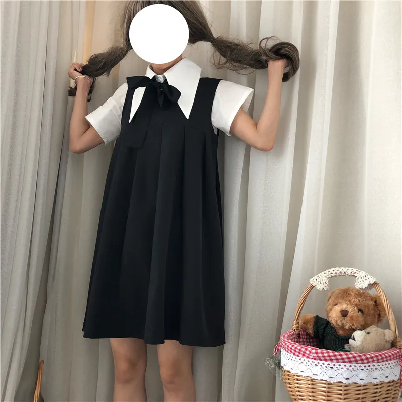 Женское платье JSK без рукавов и белая рубашка блузка с коротким рукавом бантом