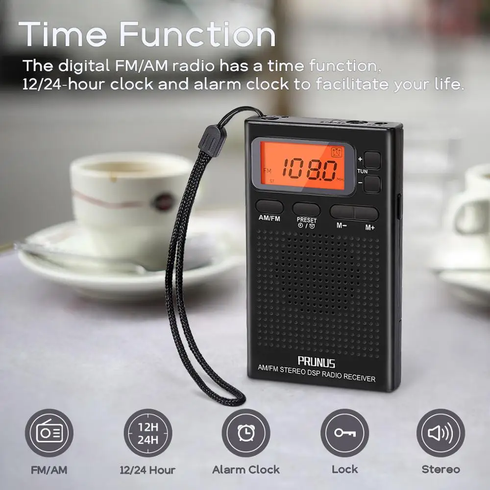 Портативный карманный мини радиоприемник с будильником PRUNUS J 125 AM/FM наушниками 12