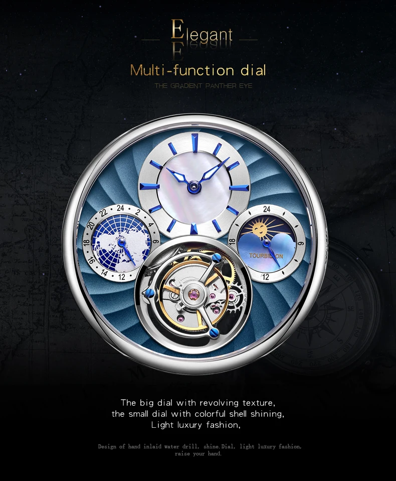 Tourbillon сапфир часы Скелетон Мужские автоматические механические часы Многофункциональный 24-часовой и лунной фазой, Для мужчин часы лучший бренд класса люкс