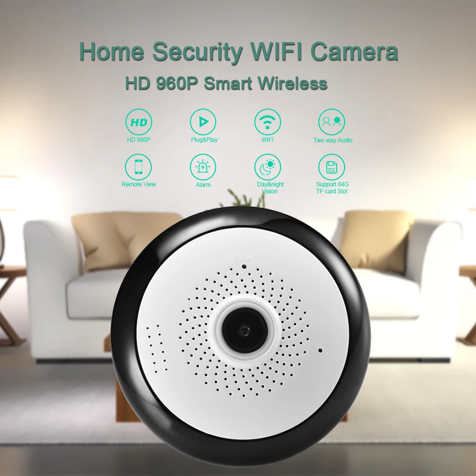 Камера видеонаблюдения рыбий глаз 2 МП HD ICsee 360 градусов Wi-Fi 1080P VR беспроводная
