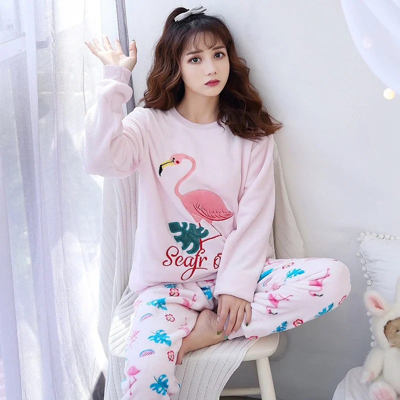 

2021 Winter Long Sleeve Cute Cartoon Flamingo Thick Warm Flannel Pajama Set For Women Coral Velvet Sleepwear Pyjama Pijama Mujer