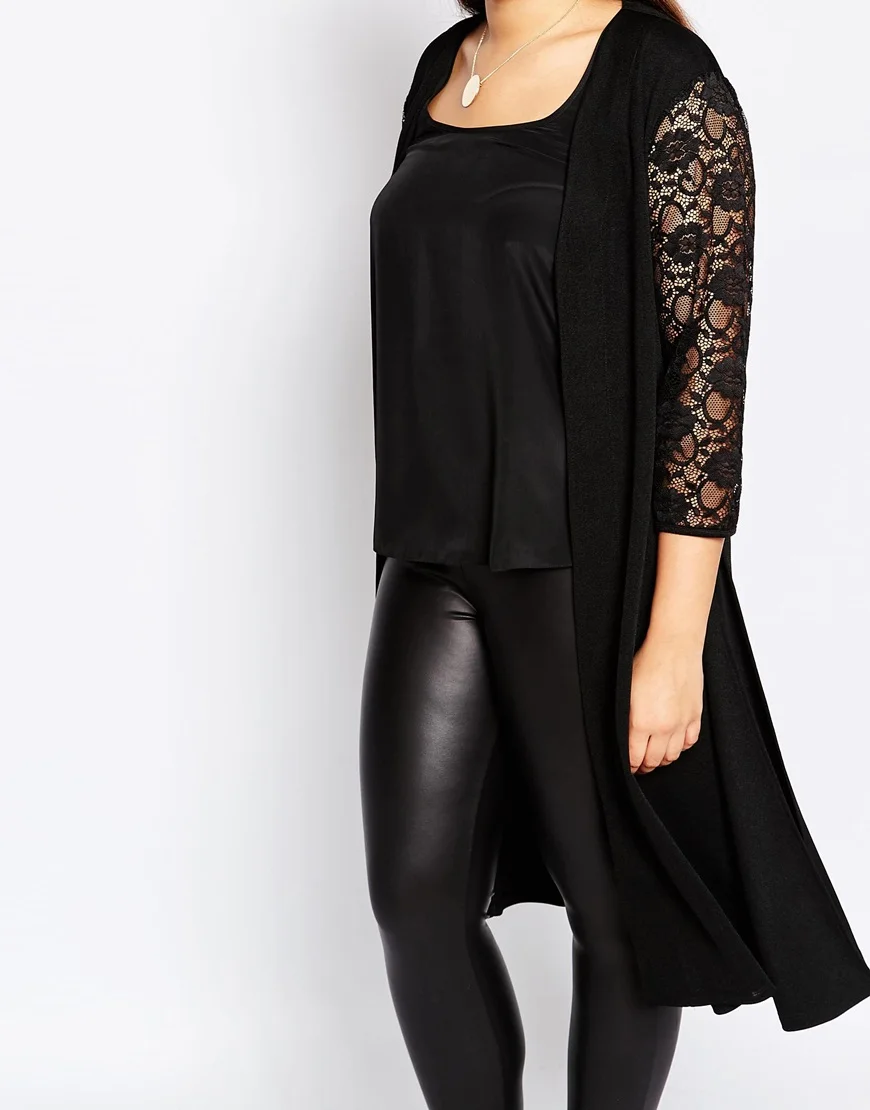 Женское длинное Свободное пальто-Пыльник с кружевными рукавами однотонный