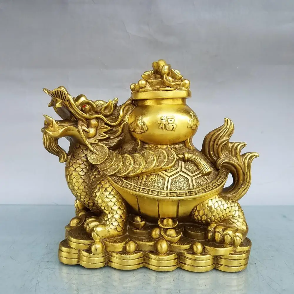 

wedding decoration China fengshui brass Wealth Yuanbao Money Bag Zodiac Dragon status Dragon turtle statue