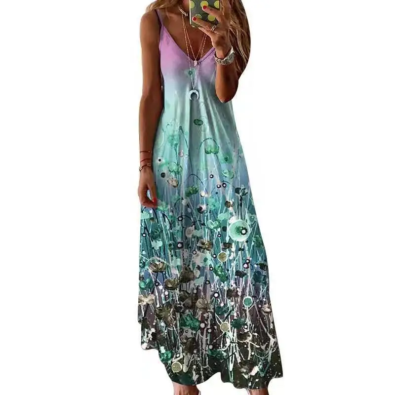 

summer sleeveless v neck flower print spaghetti strap maxi sundresses wholesale items women casual vacation dress 2021, sukienka
