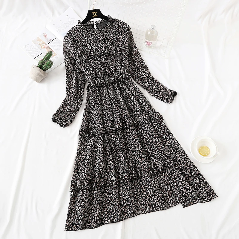 BGTEEVER Vintage Floral Print Chiffon Dress Women Ruffles Elastic A-line Female Midi 2019 Autumn Chic Vestidos Femme Женская одежда