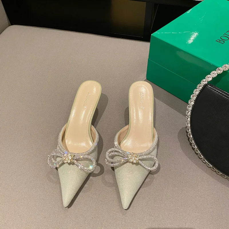 

Diamond bow half slippers women's summer 2021 thin heel pointed lazy slippers