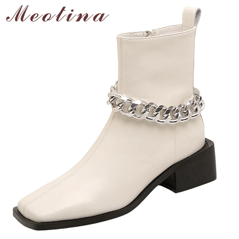 

Meotina Women Genuine Leather Boots Zipper Thick High Heel Square Toe Ladies Boots Chain Ankle Boots Autumn Winter Black White
