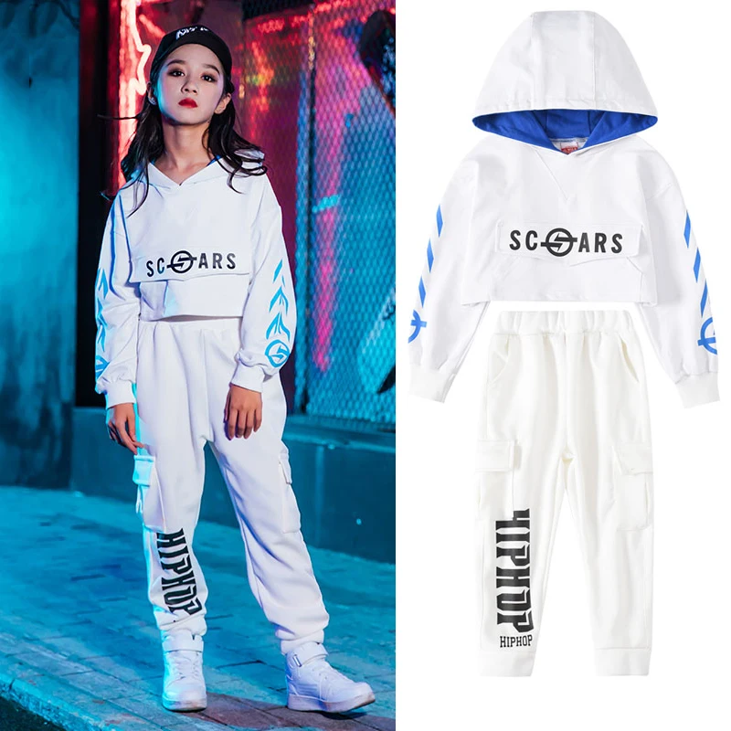 

Одежда для бальных танцев в стиле хип-хоп для девочек, белый свитер с капюшоном в стиле хип-хоп, спортивный костюм, детская одежда для джазов...