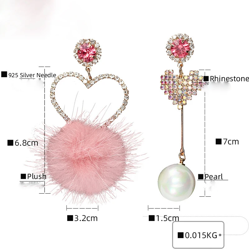 

Fashion Pink Crystal Love Heart Asymmetry Dangle Earrings White Fur Ball Rhinestone Drop Earrings For Women Jewelry Gift