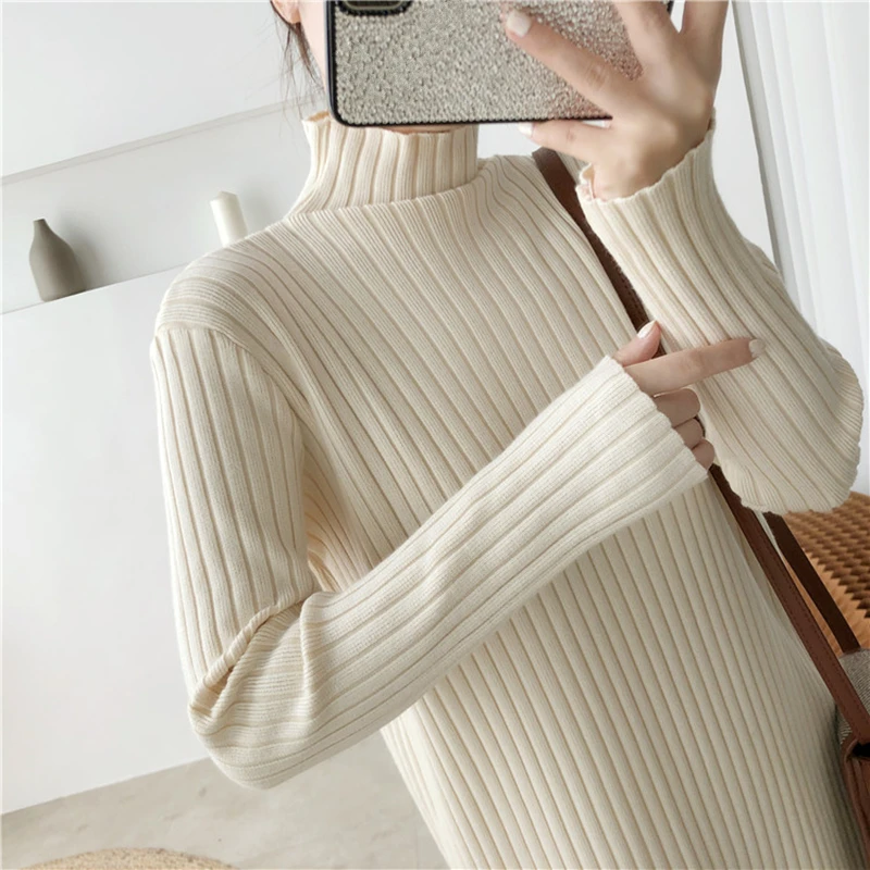 

Seoulish Autumn Winter Turtleneck Knitting Women Sweater Dress 2021 New High Waist Long Sleeve Loose Straight Midi Dress Female