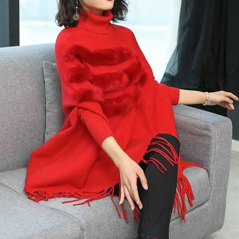 CHICEVER Autumn Winter Sweater For Women Turtleneck Batwing Sleeve Loose Tassel Pullovers Tops Female Fashion Casual Clothes New | Женская