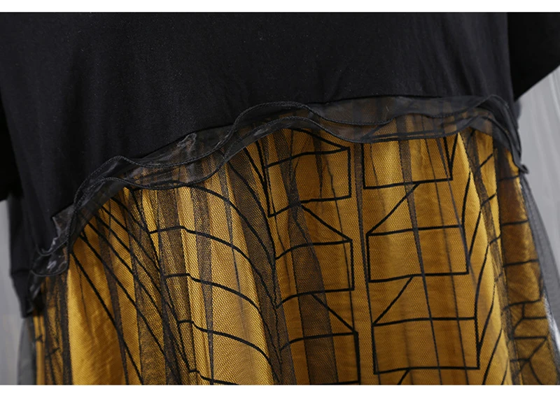 

[EAM] Women Yellow Mesh Spliced Big Size Dress New Round Neck Short Sleeve Loose Fit Fashion Tide Spring Summer 2021 1DE0237