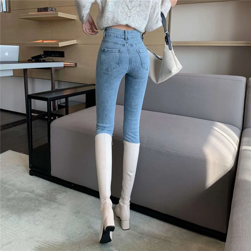 Осенне-зимние стильные светильник лые джинсы в Корейском стиле Женские Новые