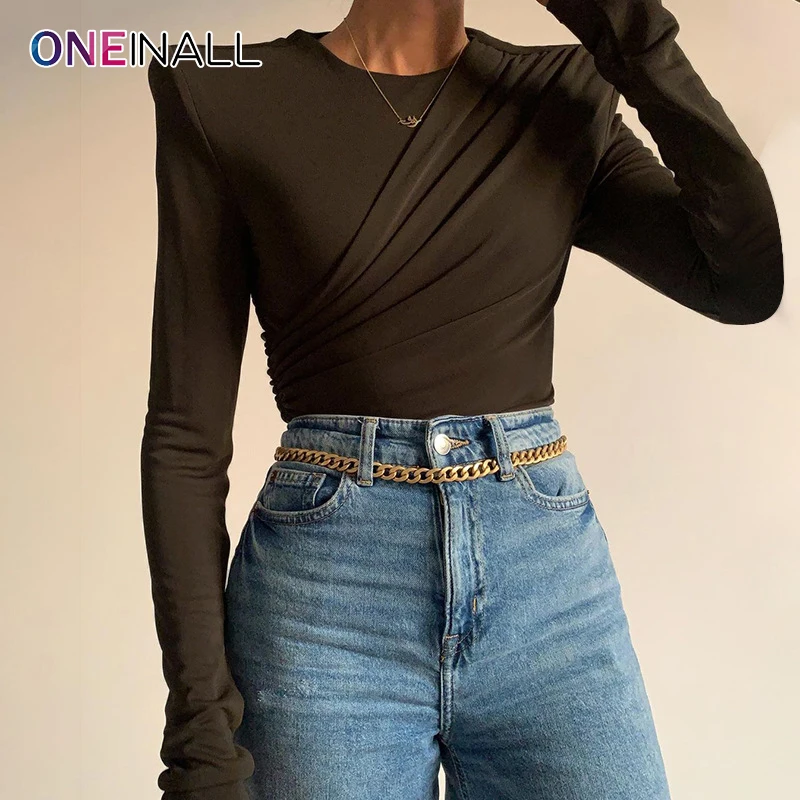 

ONEINALL Brown Casual T Shirts For Female Round Neck Long Sleeve Slimming Women's Solid T Shirt 2021 Autumn Fashion New Clothing