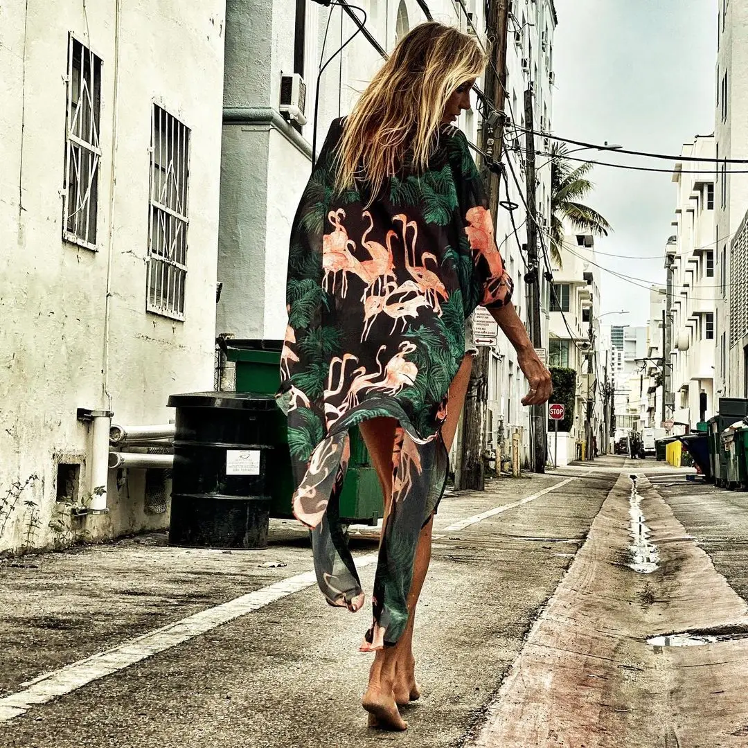 Шифоновая накидка для бикини в стиле бохо с принтом зеленых фламинго 2021 пляжная