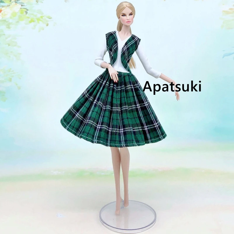 

Green Plaided High Fashion Doll Set For Barbie Doll Vest Coat & Dress Outfits Clothes For 1/6 BJD Dolls Accessories Kids Toys