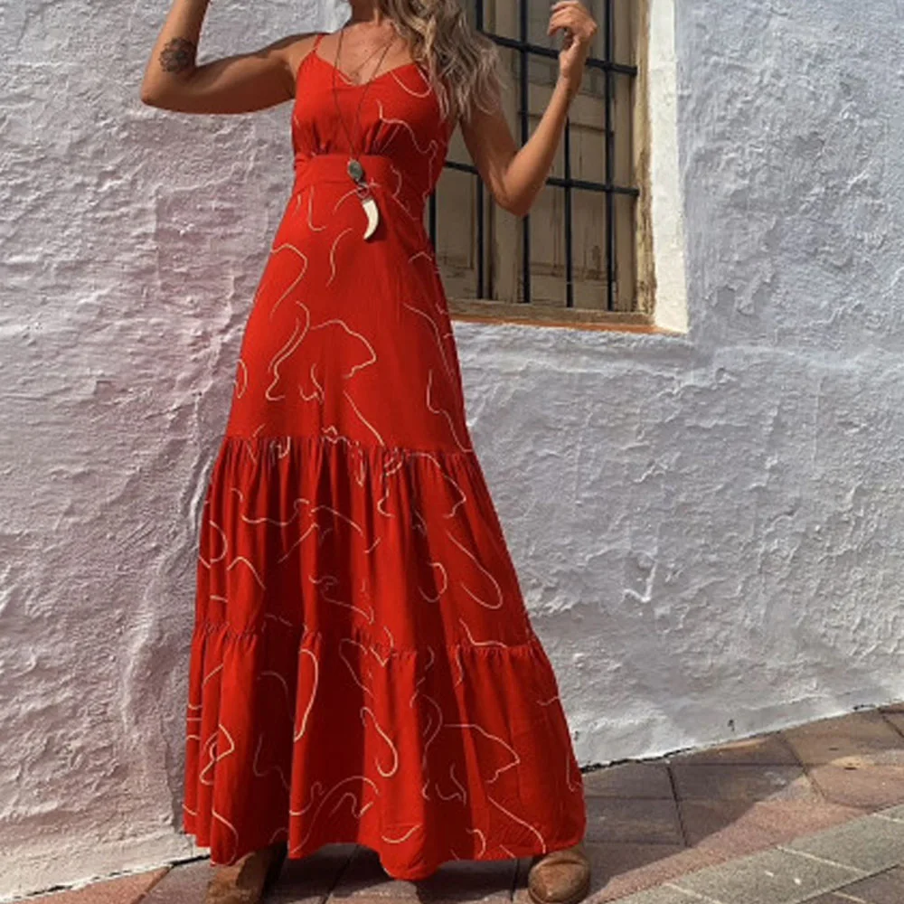 

Europe America Women 2021 New Fashion Printing High Waist Casual Loose V-neck Summer Dress Simplicity Popular Hot Sale