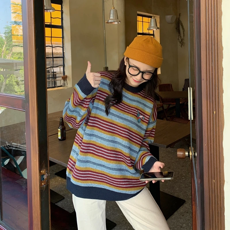 

GRUIICEEN Autumn Winter New Cartoon Embroidery Stripe Loose Pullovers Long Sleeve Knitting Women Sweaters