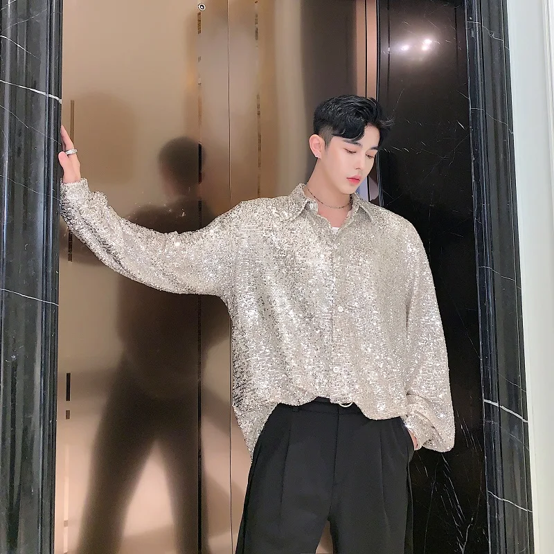 Мужская Блестящая футболка с длинным рукавом винтажная свободная