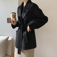 black cashmere coat female solid turn down collar slim white elegant ladies winter jacket sashes fashion 2021 woolen coat women