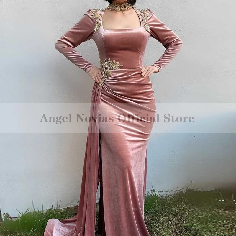 

Женские вельветовые вечерние платья с длинным рукавом и юбкой-годе, с бусинами и высоким воротником, платья для вечеринок