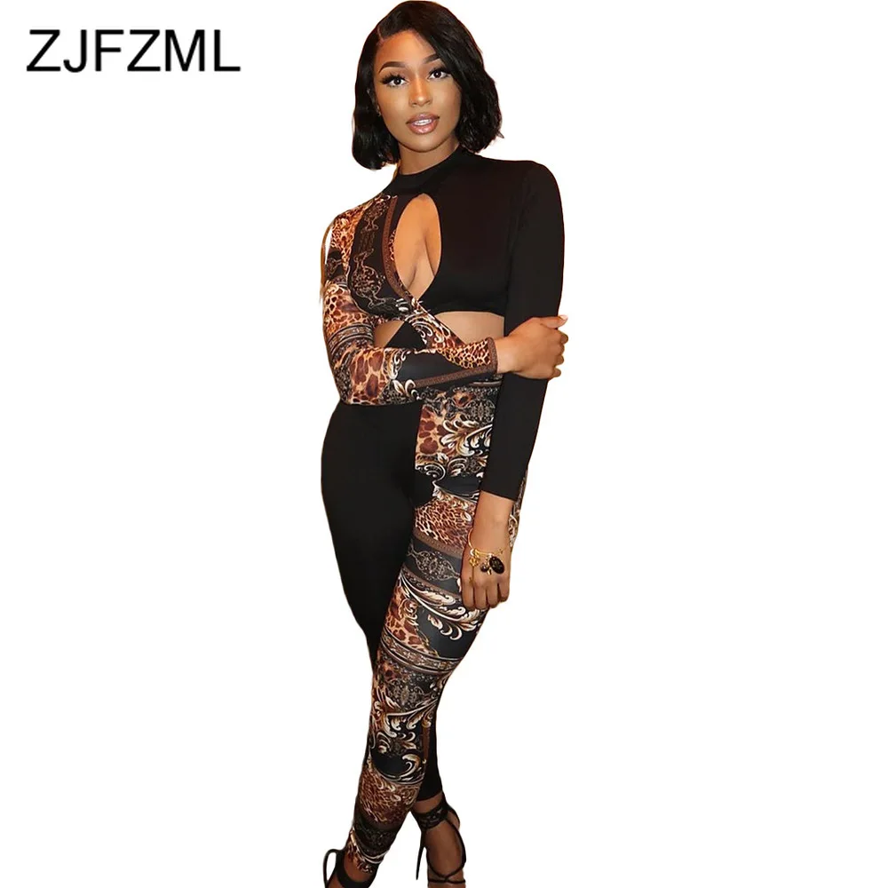 

Hollow Out Leopard Spliced Skinny Rompers Autumn Women Waist Band Cut Out Long Sleeve Jumpsuit Streetwear Slim One Piece Overall