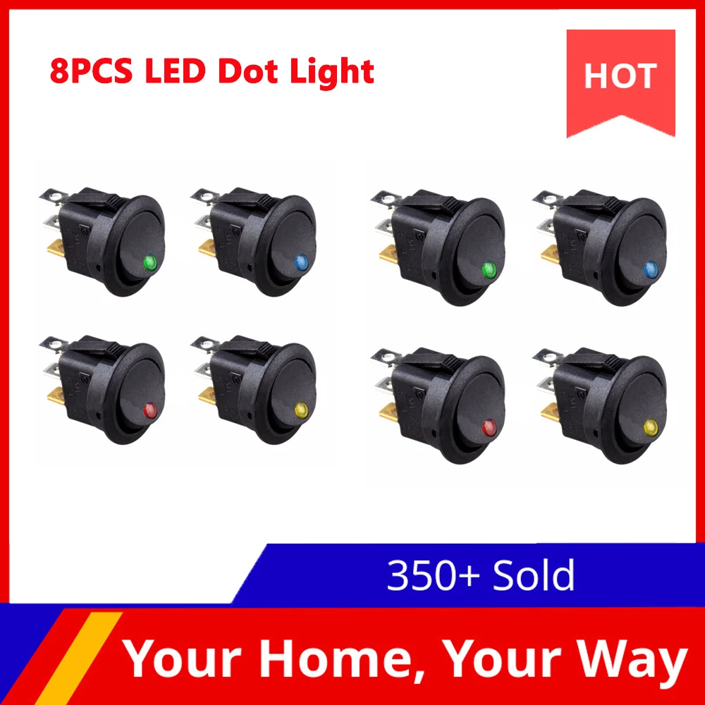 

8PCS LED Dot Light 12V Car Auto Boat Round Rocker ON/OFF TOGGLE SPST SWITCH
