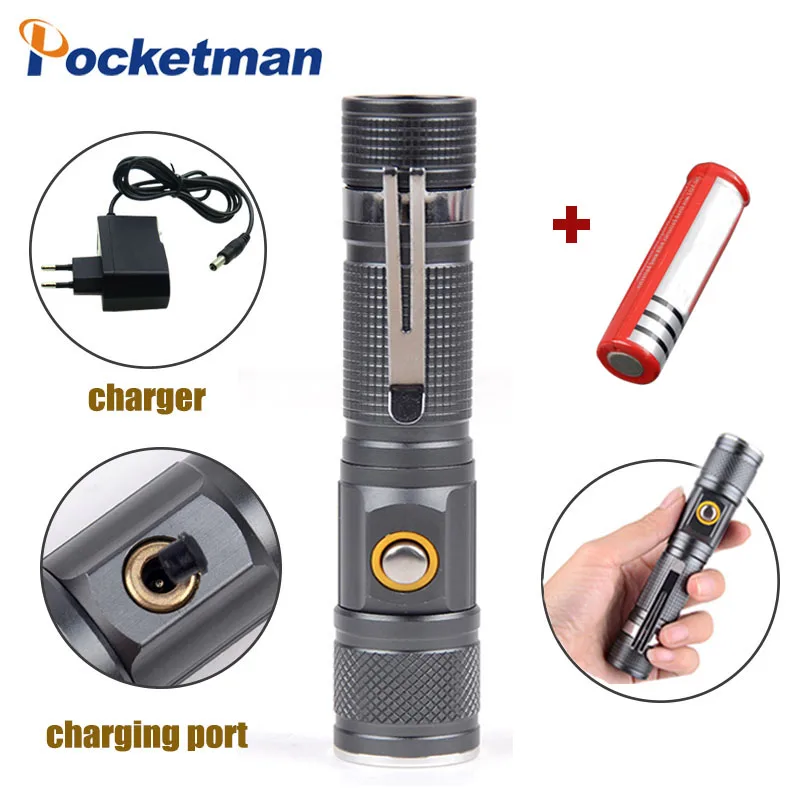

8000 Lumens Zoomable T6 Flashlight 3 Modes Tactical Direct Charging Torch Portable Aluminum use 18650 Battery