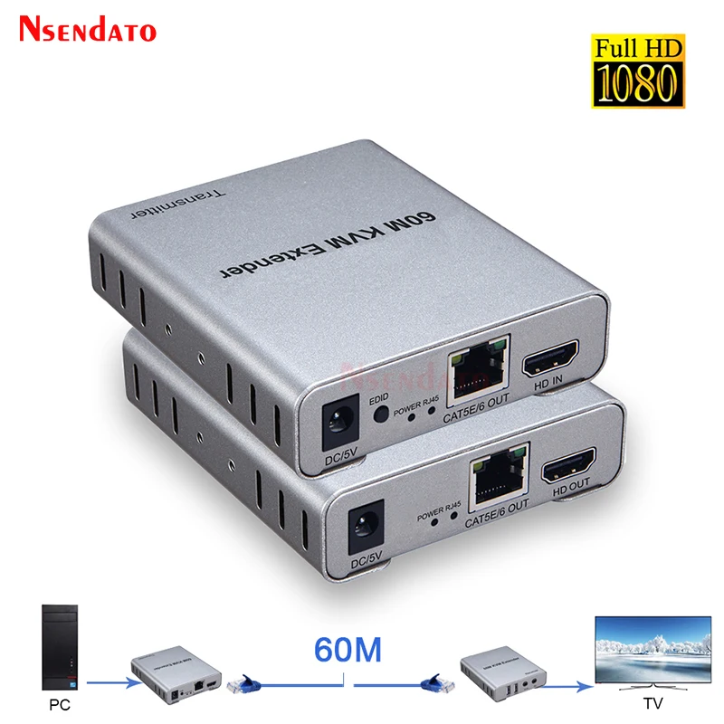 60 м USB KVM HD удлинитель по CAT5E Cat6 RJ45 1080p Гц передатчик приемник конвертер с ИК