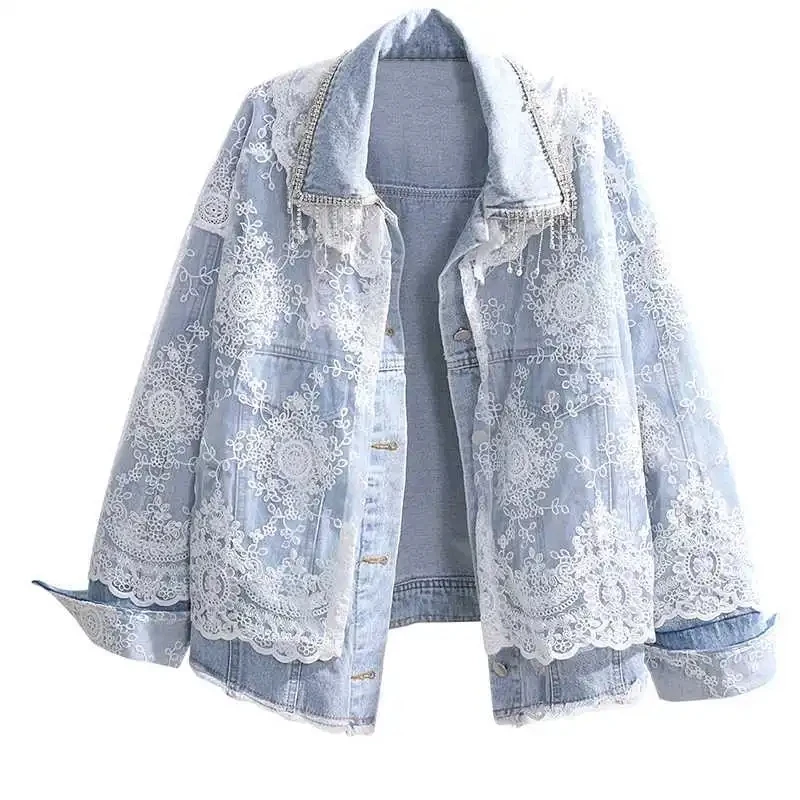 

Women's Denim Jacket Spring Autumn 2021 New Fashion Heavy Industry Diamond Tassel Lace Splicing Denim Jacket Female Two-Piece