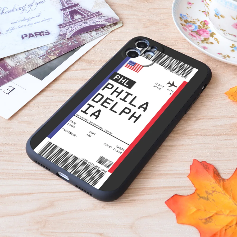 

For iPhone Philadelphia Boarding Pass First Class Air Plane Ticket Lable Flight Travel Print Soft Matt Apple iPhone Case