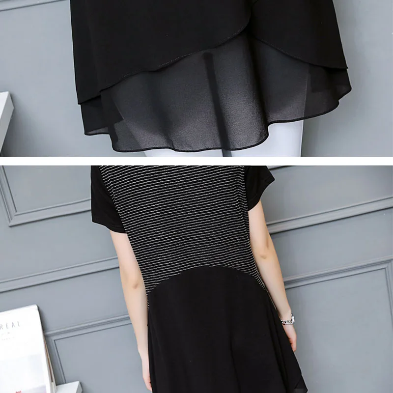 

2021 Plus Size Tops Womens Tops and Blouses Chiffon Blouse Shirts Ladies Tops Short Spliced Women Clothes Black Short 3530 50