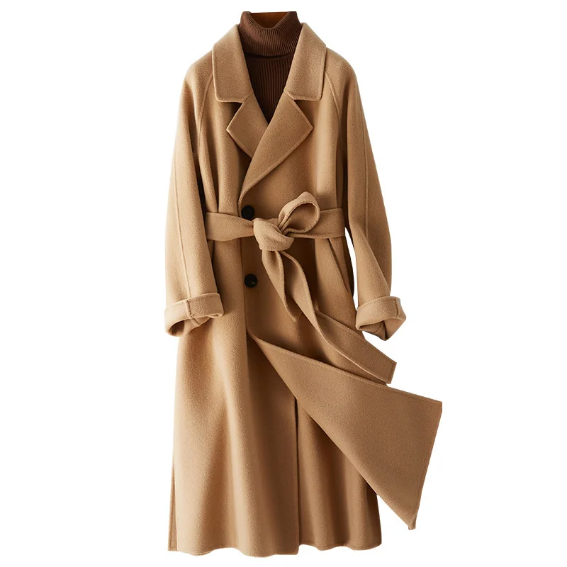 

Женское джинсовое пальто Shzq, Корейская версия, длинное двухстороннее пальто из твида с лацканами на талии, Осень-зима 2021