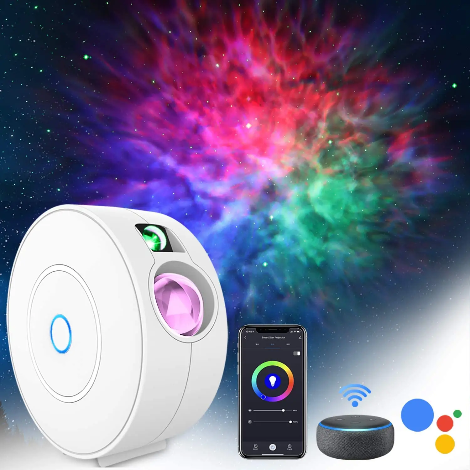

LED Alexa Night Light Projector, 3D Nebula Star Sky Projector, 16 Million Colors RGB Dimming+4 Scene LED Projection Lamp, T