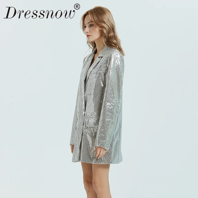 Dressnow Женский блейзер с блестками на весну и осень женское серебряное Свободное