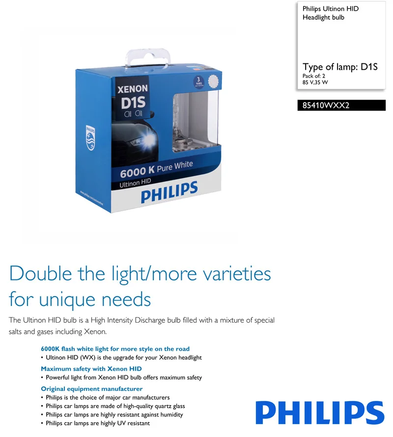 Philips D1S 85410W X 35W Ксенон Ultinon HID 6000K яркий белый светильник, автомобильный обновленный головной светильник, лампы для быстрого запуска, пара