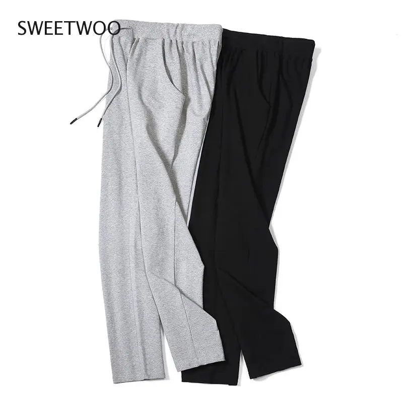 Sports Casual Pants Autumn Women Running Loose Straight Trousers High Waist Solid Color Wide-Leg Cotton Pants