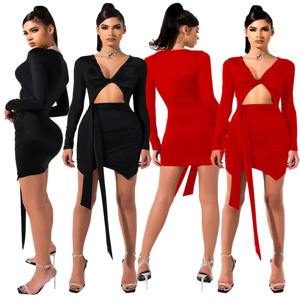 2020 Spring Sexy Women Dress Deep V-neck Slinky Bodycon Bandage Long Sleeve Hollow Out Party Vestidos Black Red | Женская одежда