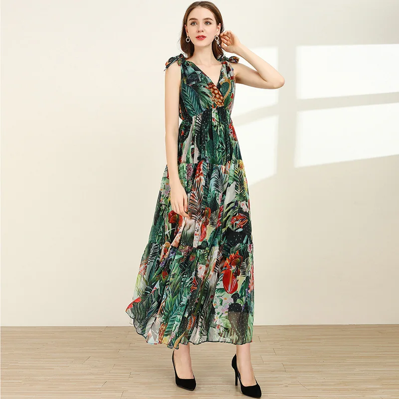 Женское шифоновое платье макси с V образным вырезом и цветочным принтом|Женские