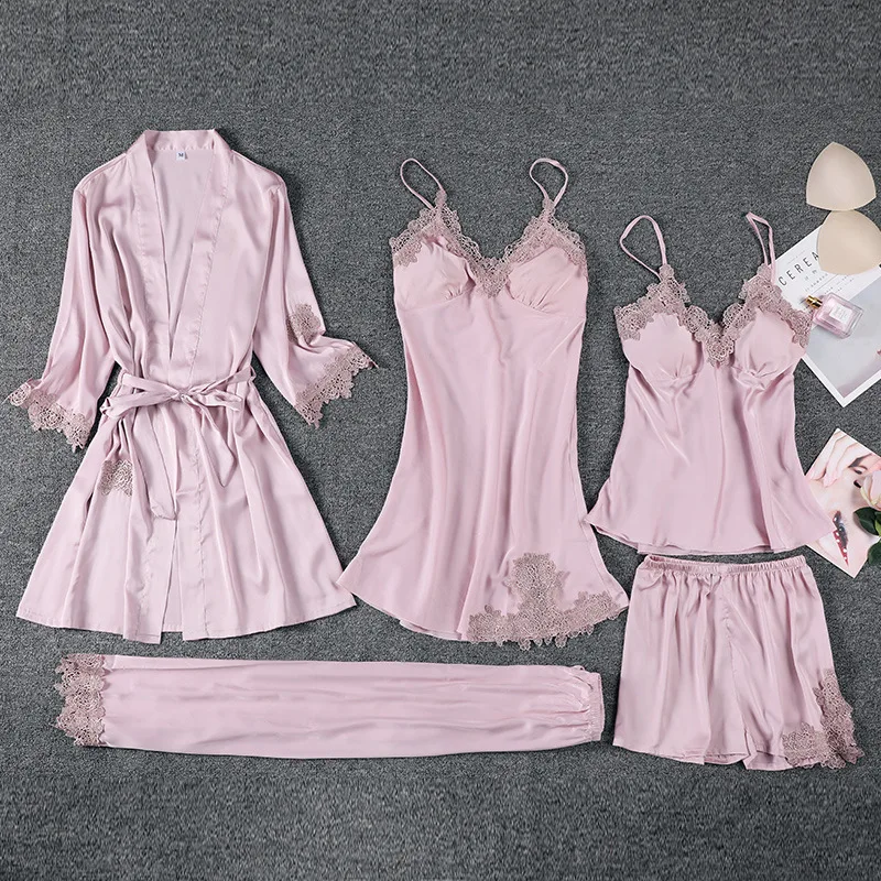 

FZSLCYIYI атласные кружевные пижамные комплекты для женщин 5 шт. на бретельках Топ Брюки Костюм одежда для сна весна осень Домашняя одежда ночна...