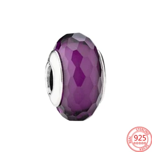 New 925 Sterling Silver Women Festival Jewelry Purple Faceted Murano Glaze Bead Gift Fit Original Pandora Bracelet Charm Pendant