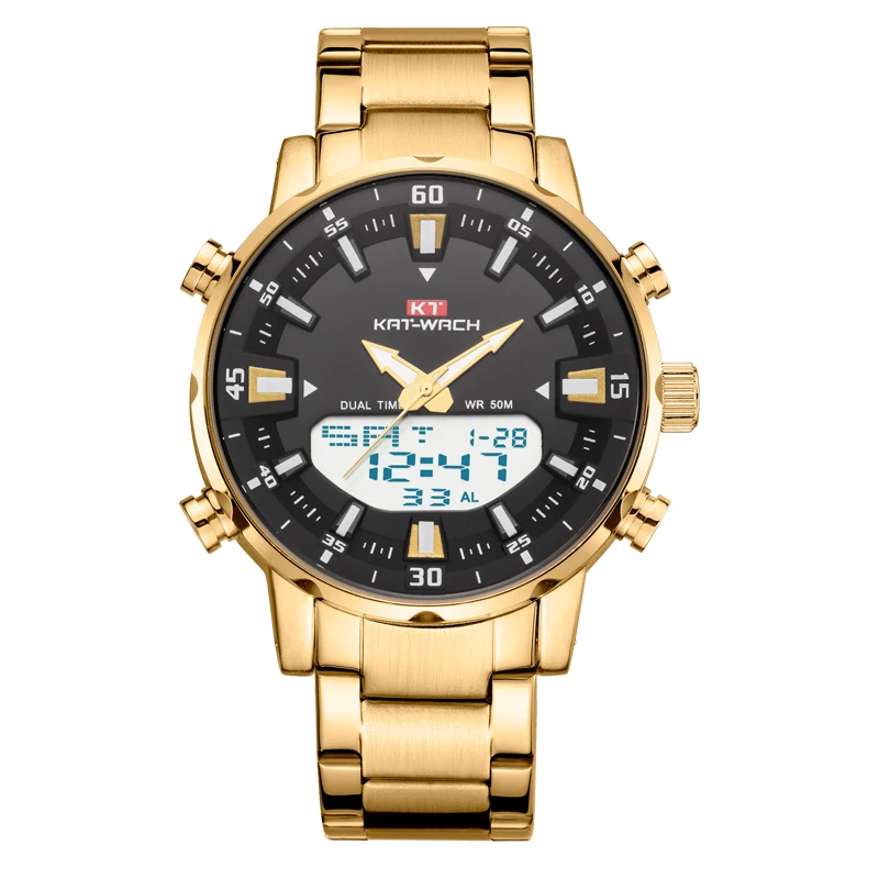 KT1815Gold with box KT New Mens Watches with Stainless Steel Dual Display Waterproof 3D Dial Analog Digital Chronograph Male Sport Style KT1815 - Цвет: KT1815Gold with box