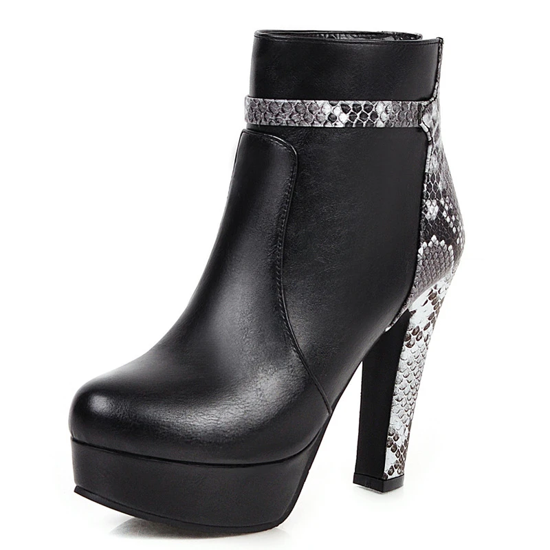 

Женские зимние ботильоны; женская обувь на высоком каблуке и платформе; на молнии; с круглым носком; Цвет черный, белый; большие размеры; Нови...